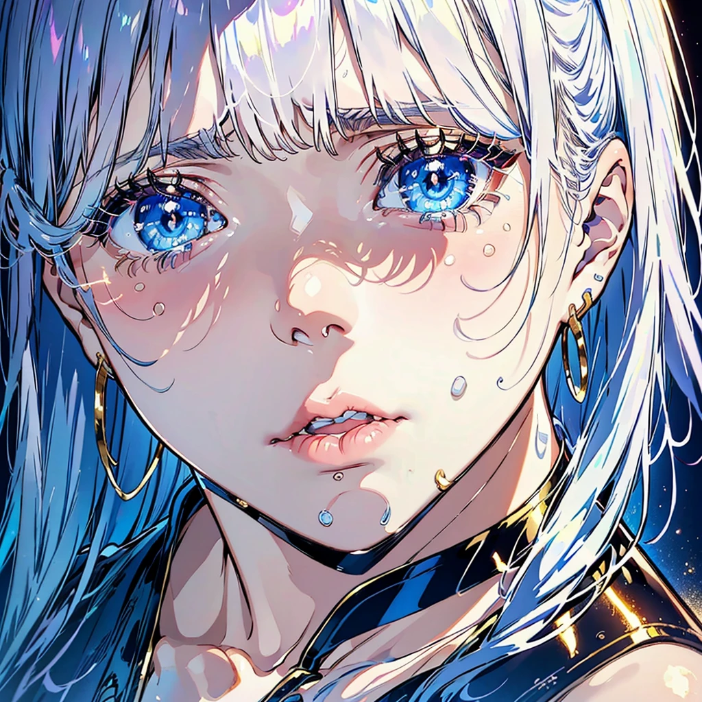 close-up shot of a young woman crying, with silvery hair, bangs, tears, sad face, blue eyes, light freckles, juicy lips, gold earrings, beautiful lights, iper-realistic, masterpiece, cinematic lighting, best quality.
