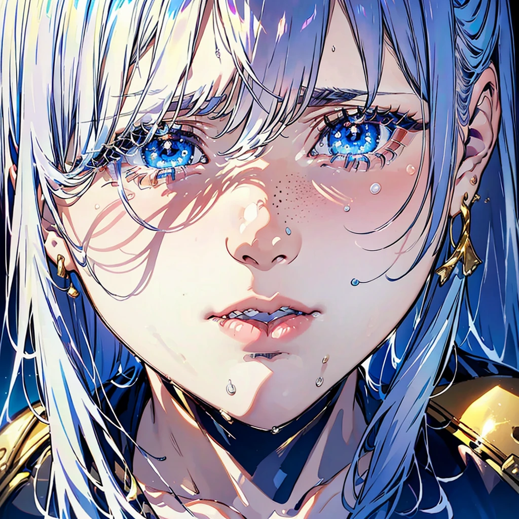 close-up shot of a young woman crying, with silvery hair, bangs, tears, sad face, blue eyes, light freckles, juicy lips, gold earrings, beautiful lights, iper-realistic, masterpiece, cinematic lighting, best quality.
