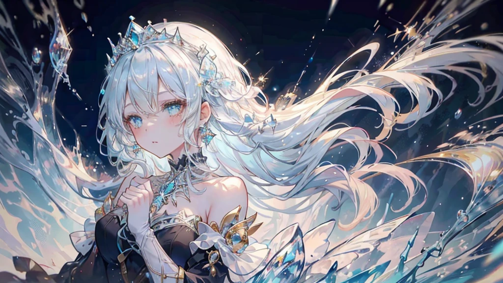 (((Girl manga style))), (Romance Manga), Frosted Style, One girl, Cyan Hair, alone, Long Hair, frozen, ice, Crystalline, dress, tiara, white dress, gloves, Long sleeve, choker, mascara, compensate, elbow gloves, bow, Floating Hair, good, jewelry, View your viewers, clavicle, Puffy sleeves, Golden accessories, Upper Body, parted bangs, very Long Hair, black dress, Frills, bangs, Mouth closed, Outdoor, Fine grain, dynamic cut,