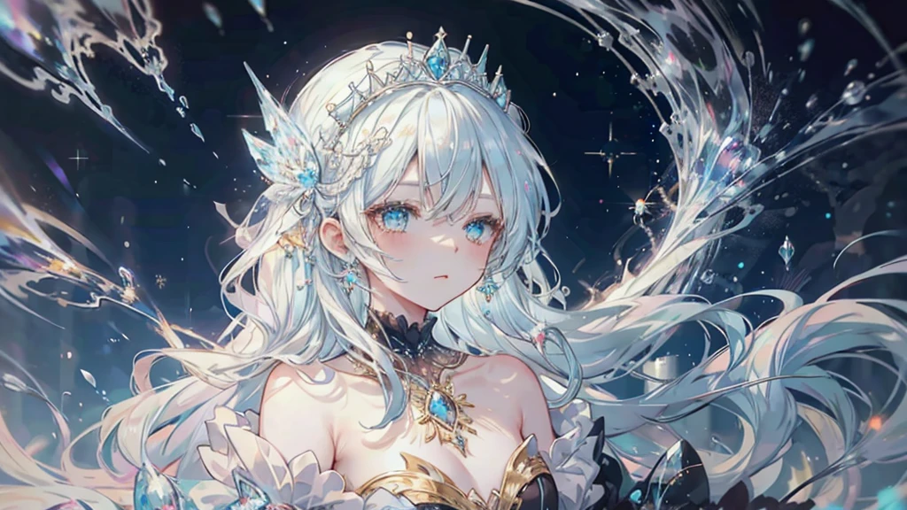 (((Girl manga style))), (Romance Manga), Frosted Style, One girl, Cyan Hair, alone, Long Hair, frozen, ice, Crystalline, dress, tiara, white dress, gloves, Long sleeve, choker, mascara, compensate, elbow gloves, bow, Floating Hair, good, jewelry, View your viewers, clavicle, Puffy sleeves, Golden accessories, Upper Body, parted bangs, very Long Hair, black dress, Frills, bangs, Mouth closed, Outdoor, Fine grain, dynamic cut,
