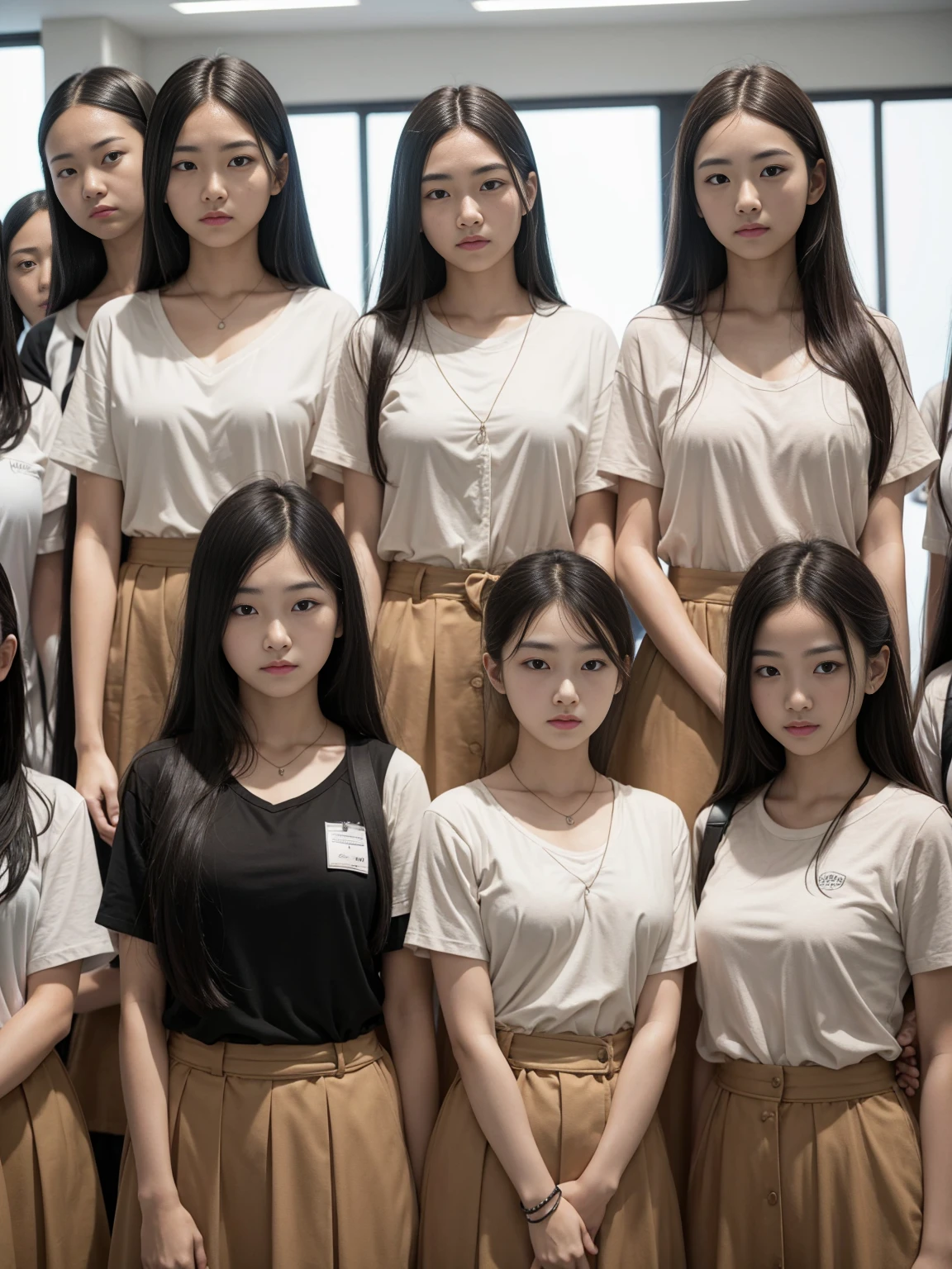 A group of 10 female students standing in a row、Women's dormitory、entrance、Big Breasts、Nipples、Tucked up、smile、Women's dormitory、Jersey、slender、Are thin、Blonde、Brown Hair、Black Hair、Huge boobs、Cleavage、Daytime、String Panties Thighs Thighs、Spread your legs wide、Short sleeve white shirt、Sexy、adultery、Amorous、Nipples