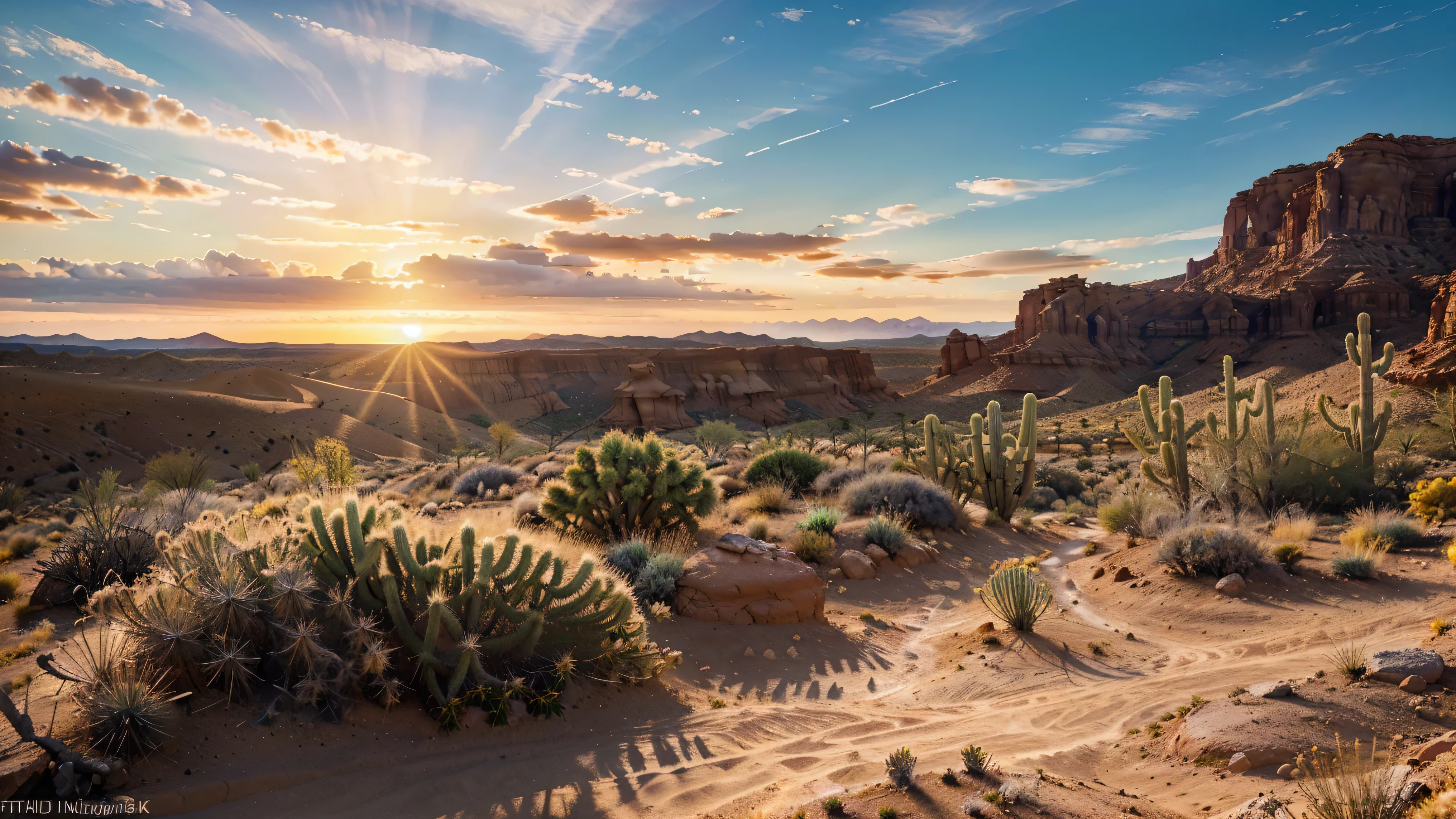 (create an ultra-high definition, hyper-realistic, highly detailed, high-quality image, sharp focus, professional lighting, vivid colors, warm tones and intricate details, representing in detail a desert background, golden sunset, reeds, stones, sand, grasses, bushes, distributed across terrain, desert plants, cacti, xerophytic vegetation, setting sun, canyons, rocks, meticulously capturing every intricate detail). Fujifilm XT3 sharp focus, professional lighting, vivid colors, intricate details, film grain, Fujifilm XT3 realistic painting art, f5.6, physically-based rendering, natural lighting, cinematic lighting ,dramatic lighting, professional, dynamic movement, colorful lighting, vibrant colors, studio lighting, professional photography, cinematic composition, symmetrical framing, landscape, Utilize state-of-the-art deep learning models and adjust parameters according to quality metrics such as Structural Similarity (SSIM) and Perceptual Loss to create an image that is indistinguishable from a real, high-quality photograph, (best quality,4k,8k,16k,Highest,masterpiece:1.2),(realistic,photorealistic,photo-realistic:1.37), (extremely detailed CG unit, 16k wallpaper), 16k UHD, 16k HDR,(ultra-high definition, hyper-realistic, highly detailed, high-quality image, sharp focus, professional lighting, vivid colors and intricate details),