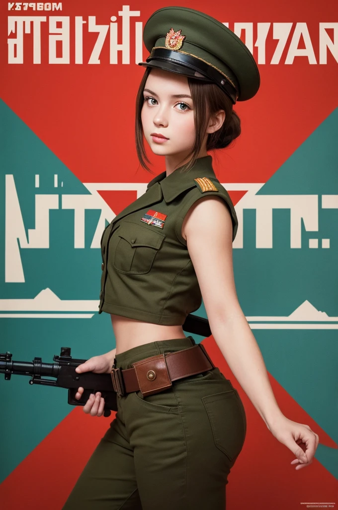 best quality,masterpiece,highly detailed,ultra-detailed, 1girl,cityscape, ussr soviet umion, propaganda, poster, army, beaurty Russian girl, Russian army uniform,realistic, woman holding a big ass gun standing in uniform against red background with her back to us, 1girl, solo, weapon, gun, hat, midriff, beret, rifle, shorts, fighting pose,Propaganda Poster, Soviet Propaganda