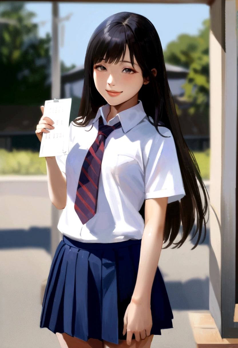 Japanese long-haired high school girl、He is standing there holding up a test with 100 points on it for me to see.、Even the feet were reflected、Realistic hand-drawn style painting。
Smiling a little