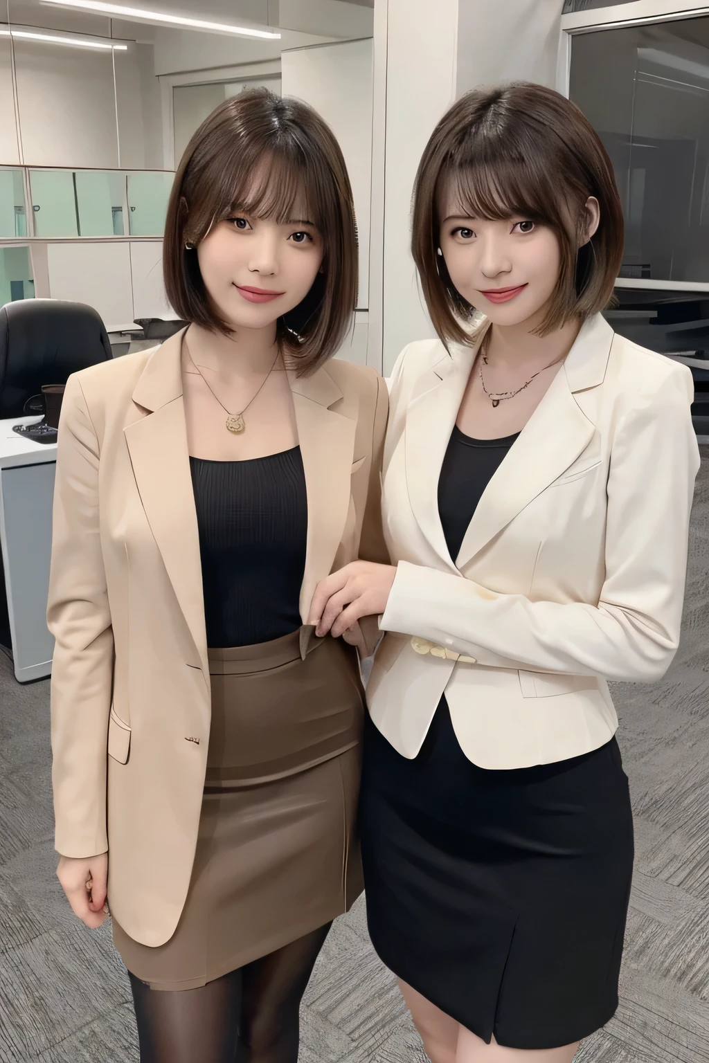 Beautiful young woman、Two women standing side by side in an office、 Brown Hair、Necklace around the neck、Office Lady Suits、Jacket、Unbuttoned shirt、Knee-length skirt、tights、pumps、Full body photo、smile、Beautiful teeth alignment、short hair、Intricate details, Very detailed:1.2), 、 Looking into the camera,The background is the office、Necklace around the neck、Dark eyeliner、ear piercing