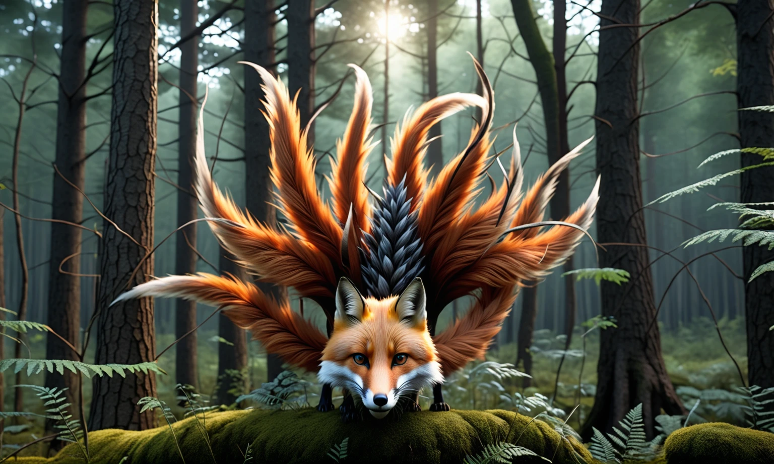 Panorama,A wild beast in the forest,Looks like a fox and has nine tails,Mysterious Creatures, shrike, (best quality,4K,8K,High level,masterpiece:1.2),Ultra Detailed,(lifelike,Photo real,Photo real:1.37),Highly detailed animals,Complex patterns,Realistic lighting,Fantasy Creatures