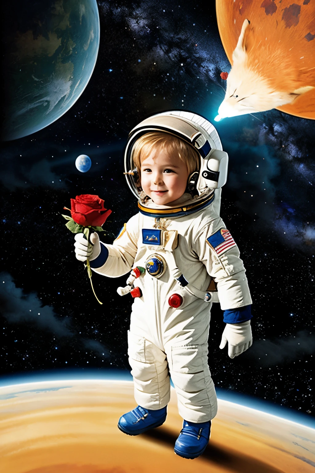 the little prince with his rose being an astronaut with a little space fox.