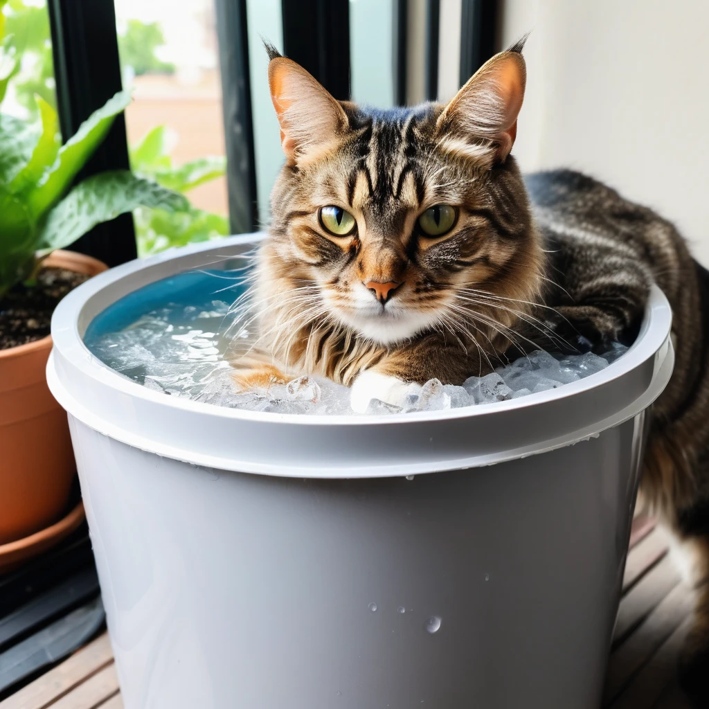 tabby cat, Hot weather, Turn on the air conditioner, and ice bucket