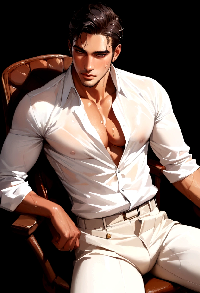 Wet Sexy man, male in a wet white shirt and tan pants sitting on a chair, big chest, handsome man, handsome guy, handsome stunning realistic, portrait of a handsome man, clothed in wet white shirt, sweat, ((best quality)), ((masterpiece)), (detailed)