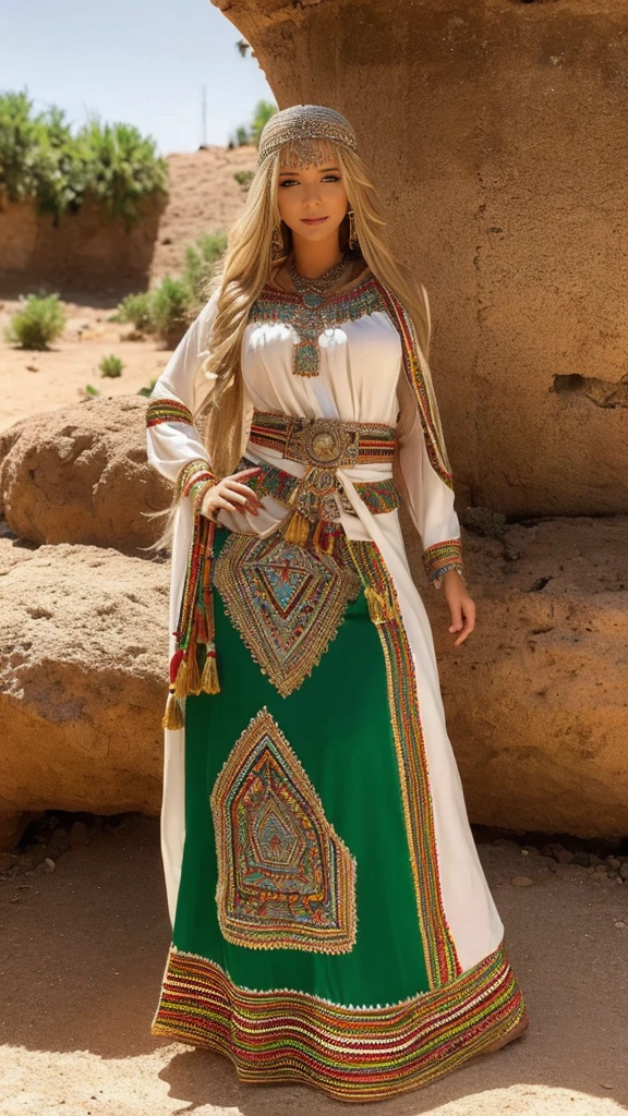 beautifull hot german blonde, robe kabyle, berber, amazigh dress, kabyledress, tizi ouzou, berber outfil, kabylegirl, bijoux, beautifull background, full body, realistic,