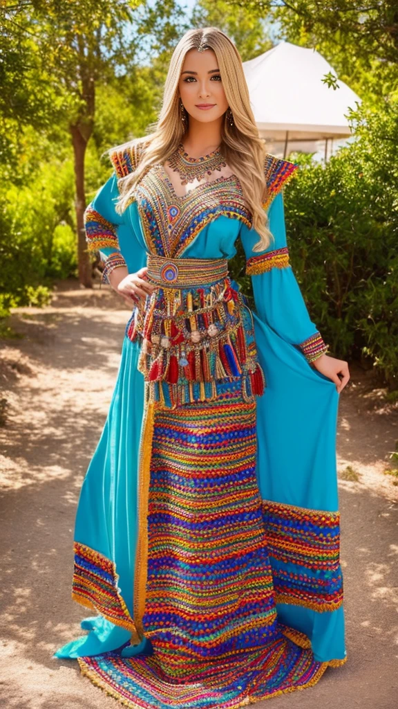 beautifull hot german blonde, robe kabyle, berber, amazigh dress, kabyledress, tizi ouzou, berber outfil, kabylegirl, bijoux, beautifull background, full body, realistic,