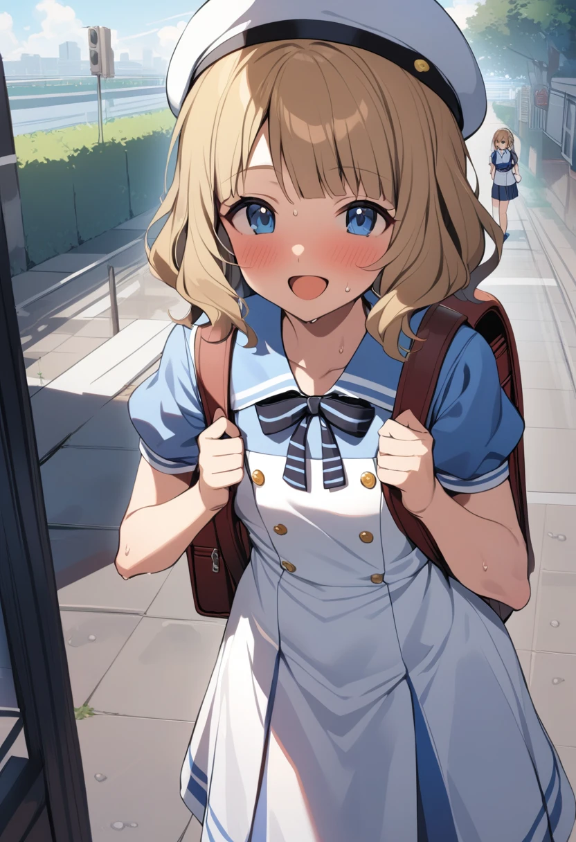 One girl, Sweaty Momoko, 夏-es, Day, blush, Brown Hair, blue eyes, Eyebrows visible through hair, Puffy sleeves, bag, Blonde, Grey hat, Medium Hair, school bag, View your viewers, Short sleeve, Backpack, :d, Open your mouth, short hair, Long Hair, smile, Are standing, Retention strap, White Dress, Sailor suit, Blue Shirt, Collared shirt, Sailor collar, puffy Short sleeve, beret, White Hat, Sailor's hat, Neck ribbon, Black neckwear, Striped neckwear, button, masterpiece, Highest quality 