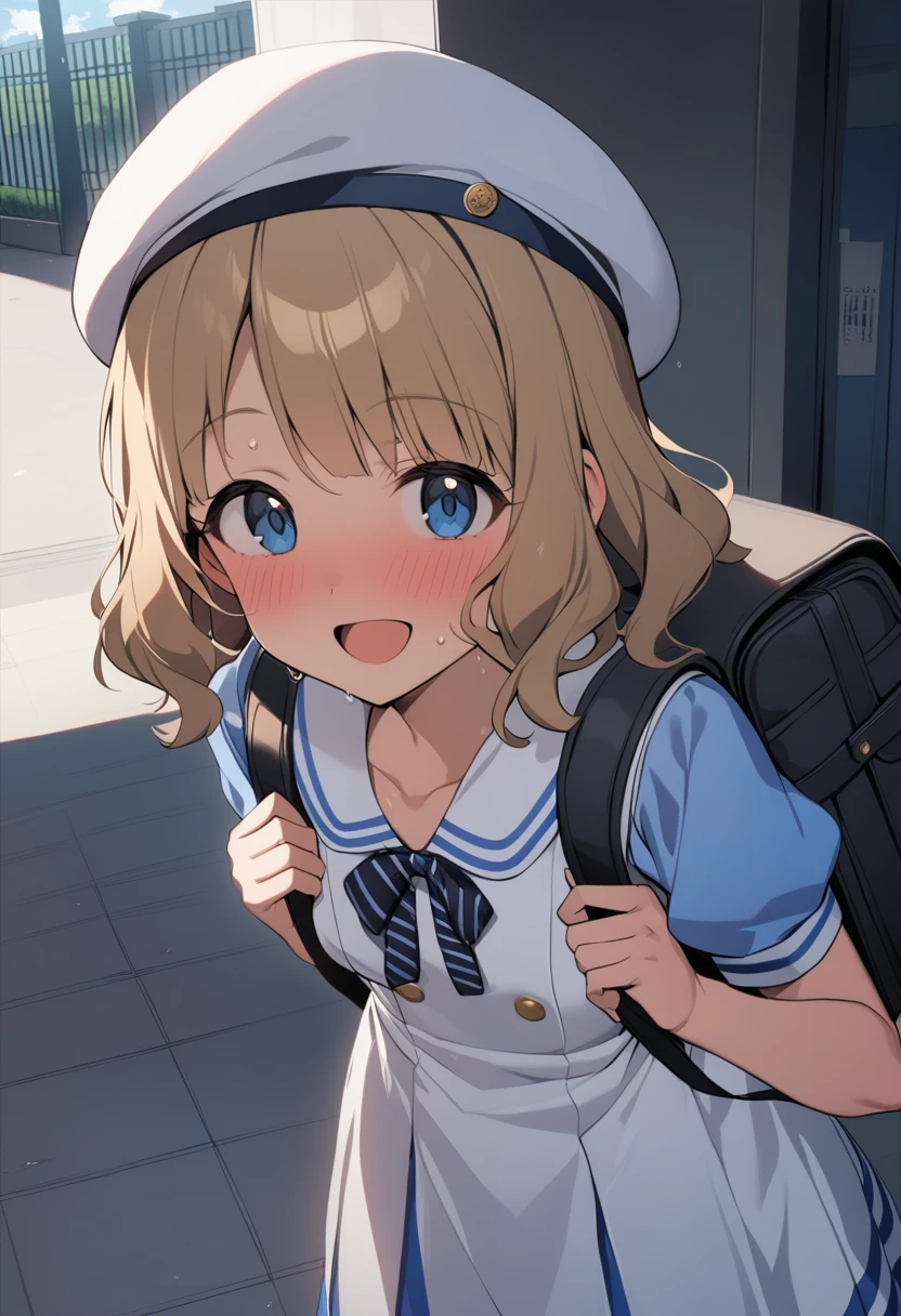 One girl, Sweaty Momoko, 夏-es, Day, blush, Brown Hair, blue eyes, Eyebrows visible through hair, Puffy sleeves, bag, Blonde, Grey hat, Medium Hair, school bag, View your viewers, Short sleeve, Backpack, :d, Open your mouth, short hair, Long Hair, smile, Are standing, Retention strap, White Dress, Sailor suit, Blue Shirt, Collared shirt, Sailor collar, puffy Short sleeve, beret, White Hat, Sailor's hat, Neck ribbon, Black neckwear, Striped neckwear, button, masterpiece, Highest quality 