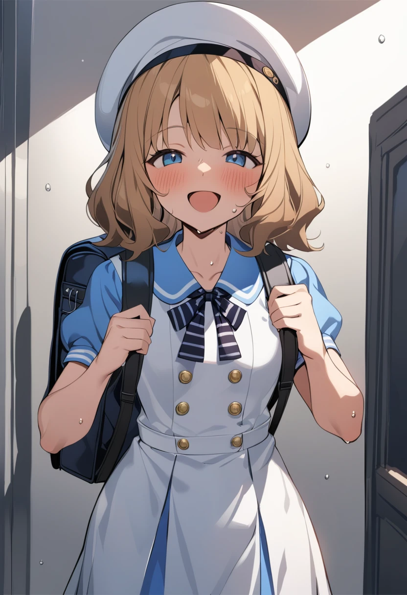 One girl, Sweaty Momoko, 夏-es, Day, blush, Brown Hair, blue eyes, Eyebrows visible through hair, Puffy sleeves, bag, Blonde, Grey hat, Medium Hair, school bag, View your viewers, Short sleeve, Backpack, :d, Open your mouth, short hair, Long Hair, smile, Are standing, Retention strap, White Dress, Sailor suit, Blue Shirt, Collared shirt, Sailor collar, puffy Short sleeve, beret, White Hat, Sailor's hat, Neck ribbon, Black neckwear, Striped neckwear, button, masterpiece, Highest quality 