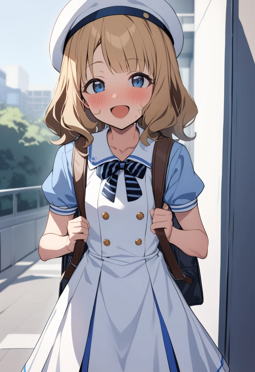 One girl, Sweaty Momoko, 夏-es, Day, blush, Brown Hair, blue eyes, Eyebrows visible through hair, Puffy sleeves, bag, Blonde, Grey hat, Medium Hair, school bag, View your viewers, Short sleeve, Backpack, :d, Open your mouth, short hair, Long Hair, smile, Are standing, Retention strap, White Dress, Sailor suit, Blue Shirt, Collared shirt, Sailor collar, puffy Short sleeve, beret, White Hat, Sailor's hat, Neck ribbon, Black neckwear, Striped neckwear, button, masterpiece, Highest quality 