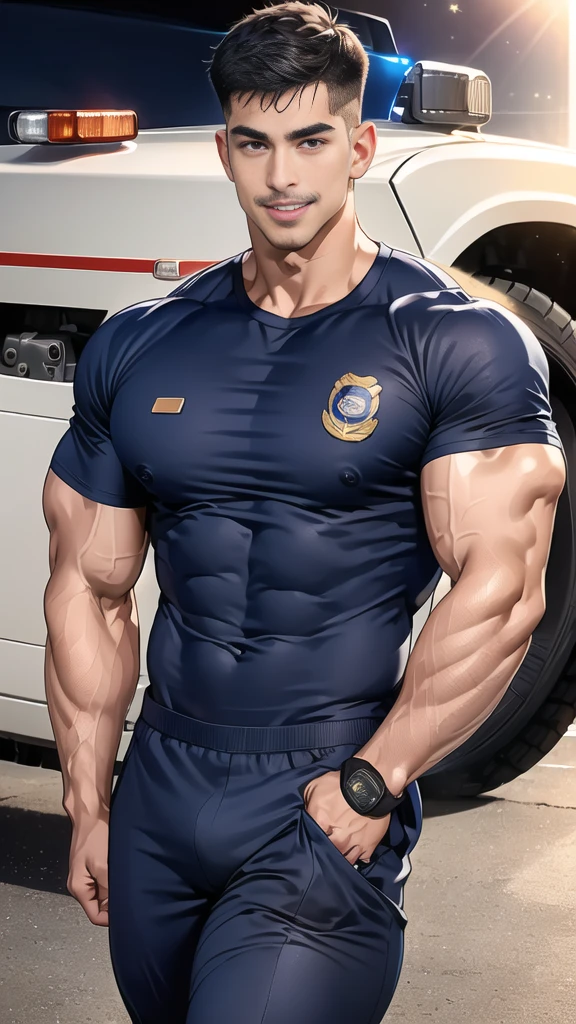 (handsome Man),(Thin mustache:1.1),(crew cut short hair:1.5),black eye,
(navy blue tight-fitting round neck short sleeve T-shirt:1.3),(Police badge:1.3),navy blue cargo pants,(navy_gloves:1,3),
Korean guy,chest muscles,large arm muscles,blood vessel,Big muscles,Broad shoulders,(open mouth:1.2),(face up:1.2),(open eyes:1.5),middle of the road,smile,(under town:1.4),