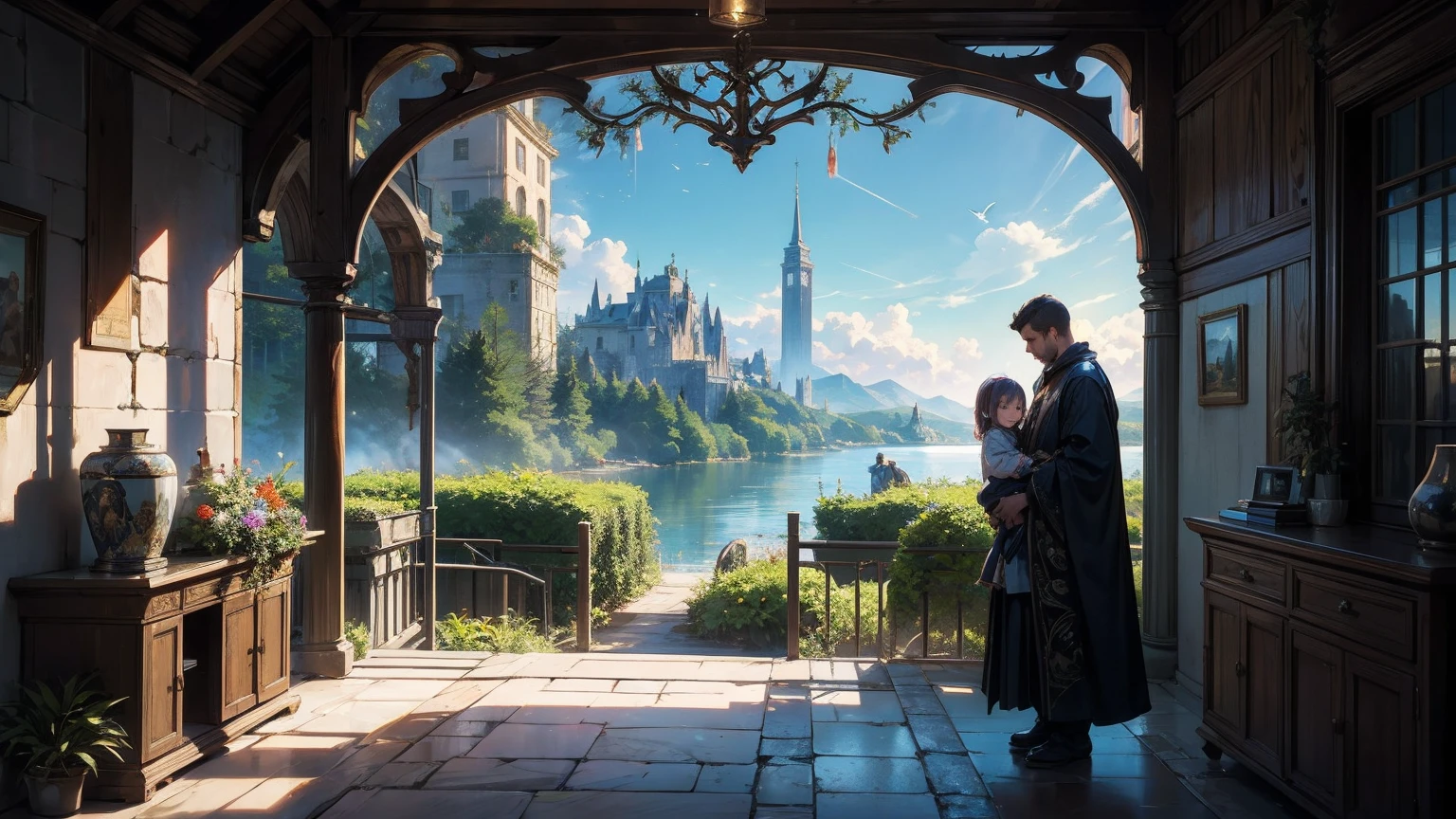 (masterpiece), (Highest quality, High resolution, Very detailed, figure), , Beautiful attention to detail, 8K, Trending on Art Station, A mountain with the moon floating in the sky, introduced on Pixiv々and lakes, 4K のVery detailedデジタルアート, Very detailed4K HD壁紙, Impressive and fantastic landscape, Sci-Fi Fantasy Desktop Wallpaper, Unreal Engine 4K Wallpaper, 4K Detailed Digital Art, Sci-Fi Fantasy Wallpapers, Epic dreamy fantasy landscape, 4K HD Matte Digital Painting, Amazing artwork in 8K "Under the clear blue summer sky, in the garden of a modern house in Pula, Croatia, a young father is warmly and tightly holding up his young twin children, a boy and a girl. The father, once Constantine I, displays an expression of love and forgiveness, showing no signs of fatigue from work. The twins, once Crispus and Fausta, have innocent and radiant smiles, enveloped in a sense of security in their father's arms. In the background, the sparkling sea and the stylish modern house bathed in summer sunlight extend. Light and shadow intertwine perfectly, with the whole scene exuding a glow symbolizing purification and relationship restoration."。Also friendly and pleasant relationship、divine atmosphere、A paradise of greenery and flowers、heaven、Blessings and Blessings、Beautiful fece、brilliance、ultra-quality、Ultra-high resolution、ultra-definition、Super beautiful、masterpiece