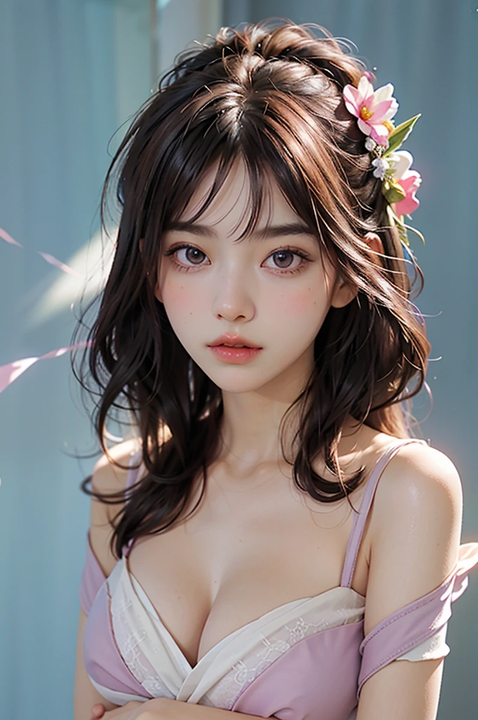 One Girl, Large Breasts, Floral, Lisianthus ,Light Pink and light blue styles., A dreamy, romantic piece., Light Pink, Intangible documents, A fun arrangement, Fantasy, High Contrast, Ink strokes, explosion, Overtouch, Impression of purple and red tones , Abstract, Negative Space,