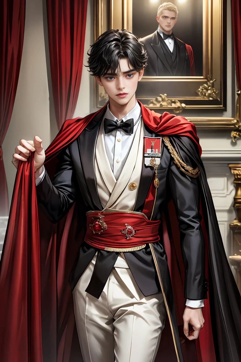 
masterpiece, 最high quality, high quality, 1 boy, alone, Male focus, Watching the audience,  Messy black hair, Adorable big blue eyes, White people, Noble, Noble,Sexy voluminous black and red cape、Tuxedo、A very voluminous, large, very large, very large, long, long red and black cape with a high stand-up collar, reaching down to the floor, made of a lot of fabric., 17 years old,Cute beautiful boys,Cute, cute, kind, handsome guy