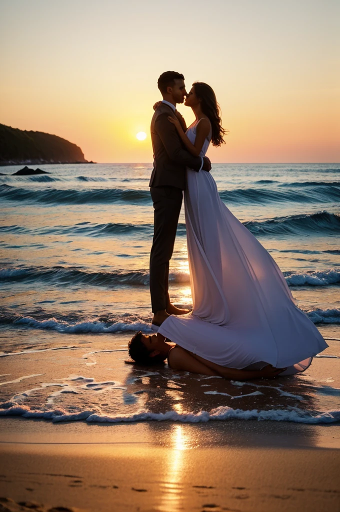 Create a cover for my book called Why Me?? I want to have two young people, a woman and a man, on the beach with a sunset and for the woman to have her head resting on the man&#39;s shoulder and for the waves of the sea to reach her feet. 