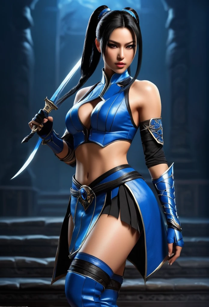 /imagine prompt: Generate an image of the character Kitana from the video game Mortal Kombat::3 with the classic outfit:: --quality .5 --stylize 50, mouth mask, black eyes, long black hair, ponytail, extremely detailed and beautiful, with fans in her hands and knives in them, black and classic blue thigh-high boots:: --quality 0.5 8K, best quality, Art, illustration, extremely delicate and beautiful, Very detailed, ((full body)) ( (classic outfit)) CG, wallpaper, (real, photo-real: 1.37), incredible, science fiction, exquisite details, electroplated silver
best quality, realistic, photorealistic, (intricate details: 1,2), (delicate detailed), (cinematic light), clear line, sharp focus, realistic face, detailed face
Unity 8k wallpaper, ultra-high resolution, (photorealistic: 1.4), looking at the viewer ((classic game outfit)) ((full body))