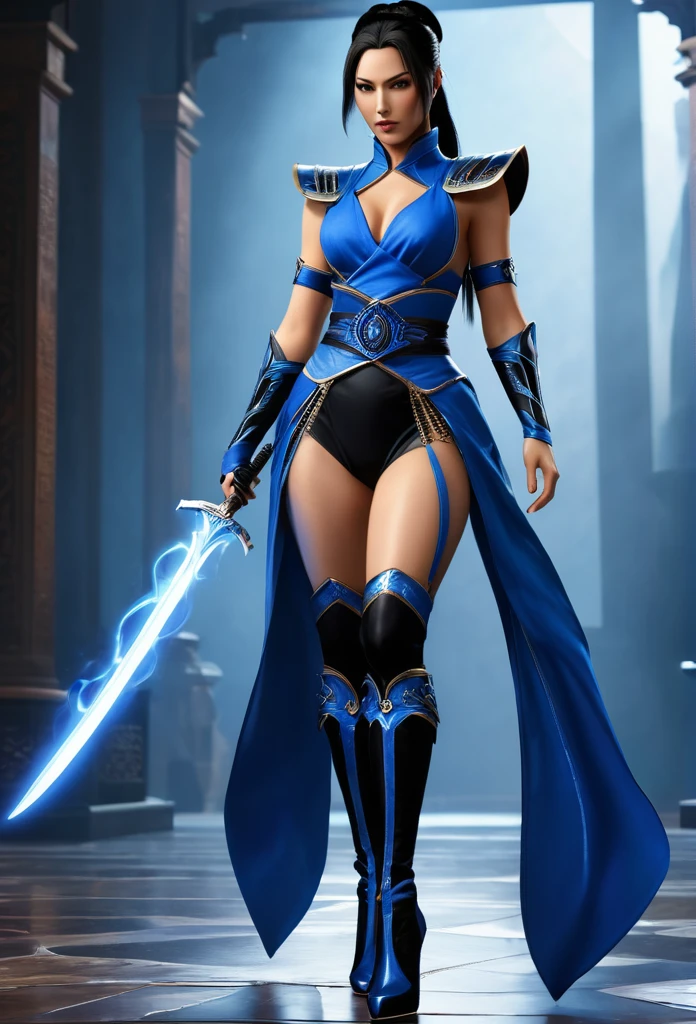 /imagine prompt: Generate an image of the character Kitana from the video game Mortal Kombat::3 with the classic outfit:: --quality .5 --stylize 50, mouth mask, black eyes, long black hair, ponytail, extremely detailed and beautiful, with fans in her hands and knives in them, black and classic blue thigh-high boots:: --quality 0.5 8K, best quality, Art, illustration, extremely delicate and beautiful, Very detailed, ((full body)) ( (classic outfit)) CG, wallpaper, (real, photo-real: 1.37), incredible, science fiction, exquisite details, electroplated silver
best quality, realistic, photorealistic, (intricate details: 1,2), (delicate detailed), (cinematic light), clear line, sharp focus, realistic face, detailed face
Unity 8k wallpaper, ultra-high resolution, (photorealistic: 1.4), looking at the viewer ((classic game outfit)) ((full body))