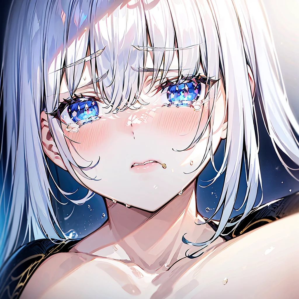 close-up shot of a young woman crying, with silvery hair, bangs, (tears) on a sad face, simmetric (blue) eyes, (light freckles), juicy lips, gold earrings, beautiful lights, iper-realistic, masterpiece, ((cinematic lighting)), best quality.