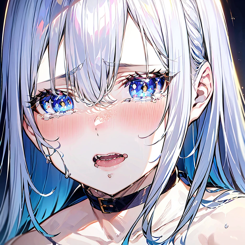 close-up shot of a young woman crying, with silvery hair, bangs, (tears) on a sad face, simmetric (blue) eyes, (light freckles), juicy lips, gold earrings, beautiful lights, iper-realistic, masterpiece, ((cinematic lighting)), best quality.