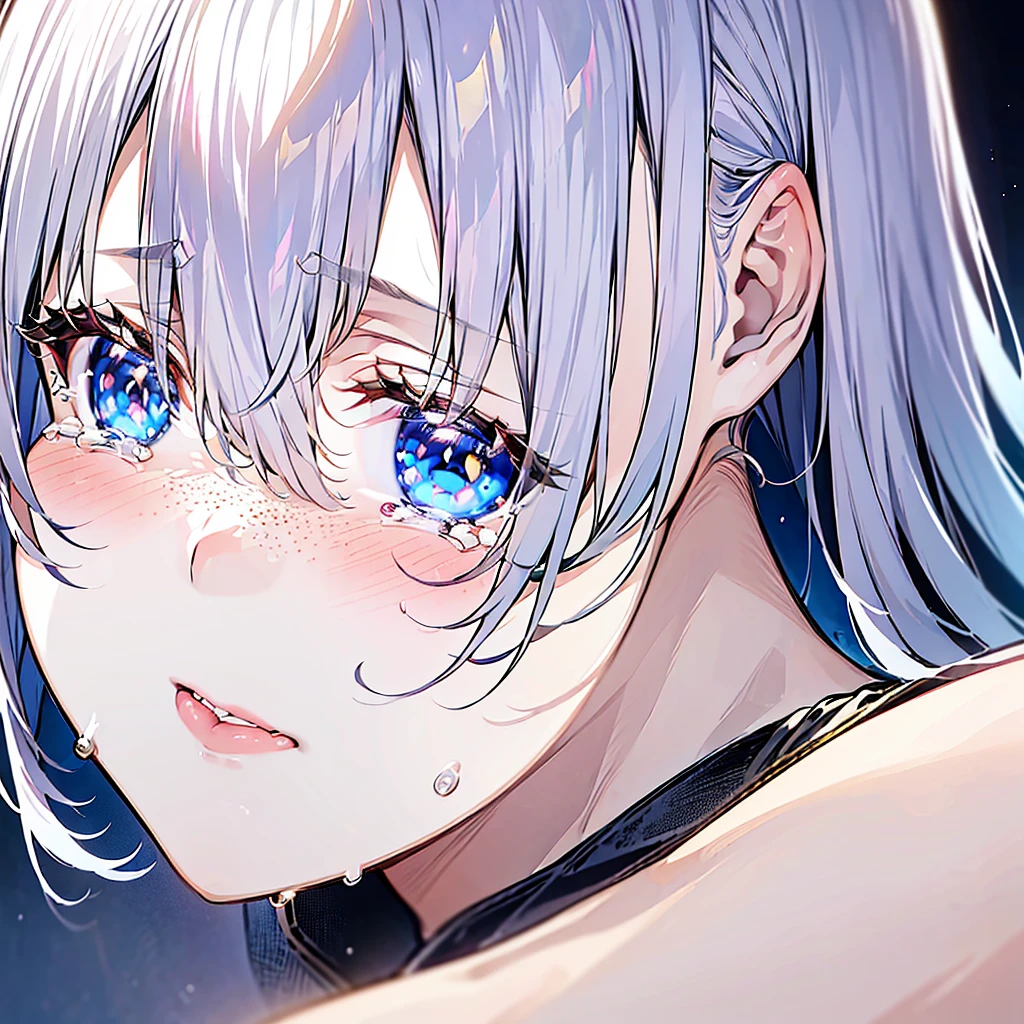 close-up shot of a young woman crying, with silvery hair, bangs, (tears) on a sad face, simmetric (blue) eyes, (light freckles), juicy lips, gold earrings, beautiful lights, iper-realistic, masterpiece, ((cinematic lighting)), best quality.