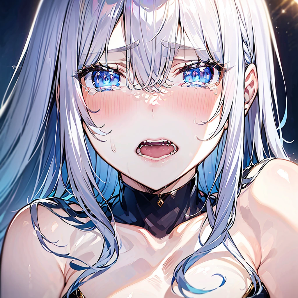 close-up shot of a young woman crying, with silvery hair, bangs, (tears) on a sad face, simmetric (blue) eyes, (light freckles), juicy lips, gold earrings, beautiful lights, iper-realistic, masterpiece, ((cinematic lighting)), best quality.