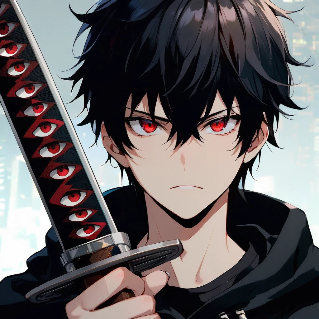 A 15-year-old male teenager, black hair, red eyes filled with hate, black blade with scalar eyes all over it, shadow aura, background of a city at night
