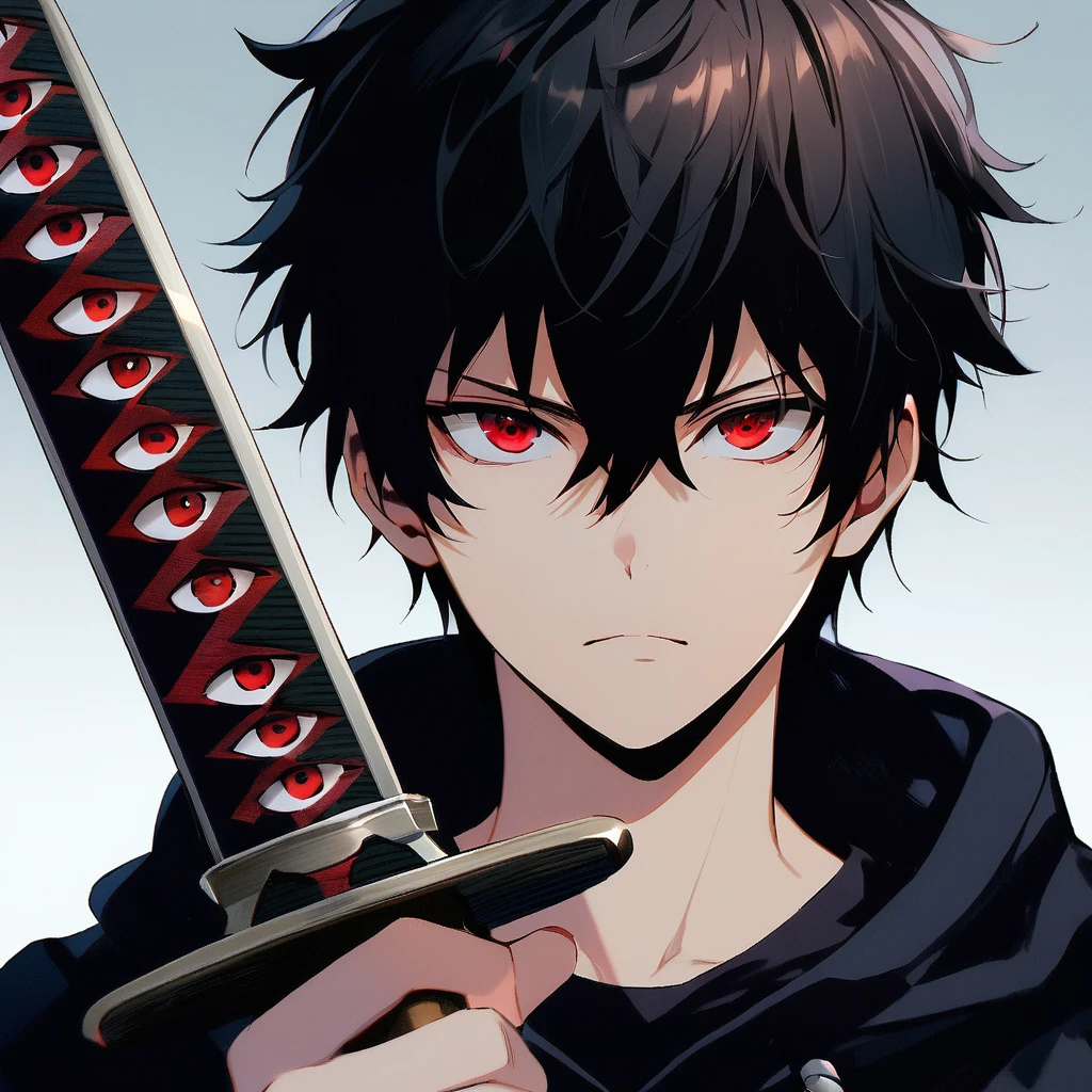 A 15-year-old male teenager, black hair, red eyes filled with hate, black blade with scalar eyes all over it, shadow aura, background of a city at night