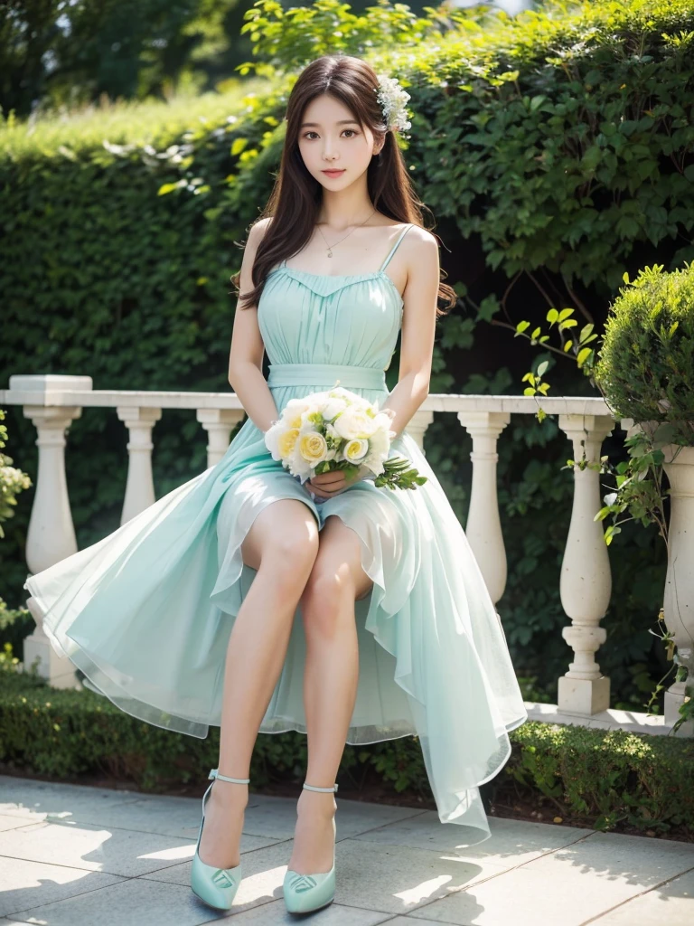 Whiteish Mint Dress、(Highest quality)、((Very detailed))、4K、(8K)、masterpiece、Very detailedな、Highest quality、Super Resolution、1 person、Kind Face、Soft Light、RAW quality、Soft Skin、163cm、Garden Terrace、Thighs、bouquet、High heels
