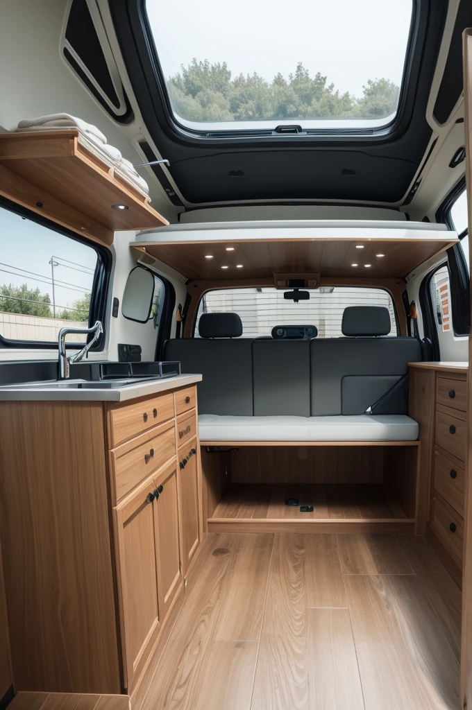 Create an interior image of a van with rosaw shelves
