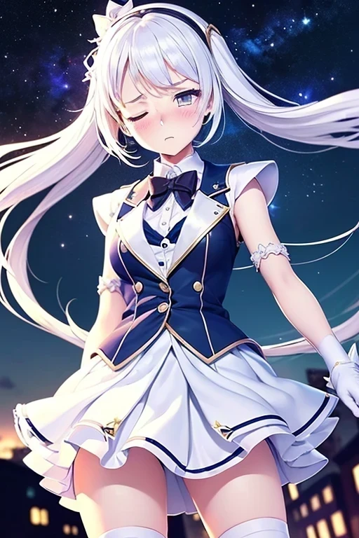 (((ultra detail game CG))), (((ultra detail background))), (((ultra detail girl))), (((ultra detail clothes))), (((best quality))), (((masterpiece))), (((ultra detail satin shading))), (()), (((white magical girl))), (((white and navy satin blazer))), ((sleeveless)), (((white satin pleated skirt))), ((white twin tail)), ((navy eyes)), (((white satin long gloves))), ((white satin knee socks)), ((white satin arm cover)), ((night sky)), ((fighting)), standing, ((ashamed)), ((((blushed)))), ((ecstasy)), ((tired)), sleeping, ((hypnosis)), (close eyes)
