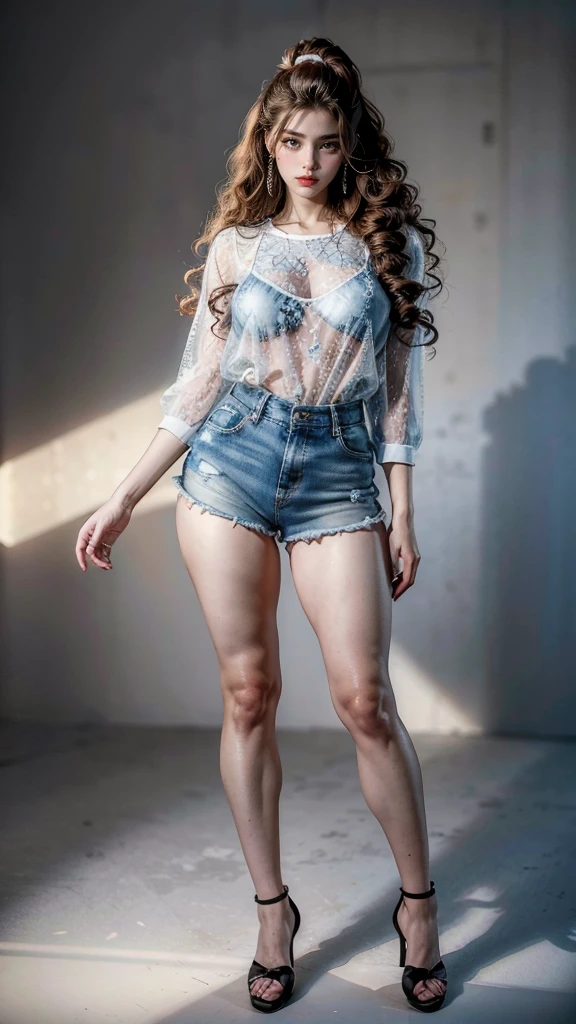 (masterpiece, best quality, Realistically, Work, Extremely detailed, 8K), ((Wide-angle lens, Full body female)), 1 girl,Light makeup,Exquisite facial features,Smile,Exquisite hairstyle, Long hair,Large Breasts,Denim shorts,Correct finger structure,Work服,Lace shirt,Hip-hop style,Light brown hair, Hair behind the ears, Pompadour hairstyle, curls, Medium Long hair, Heart Earrings, Front standing posture ,Full body portrait,Gray background