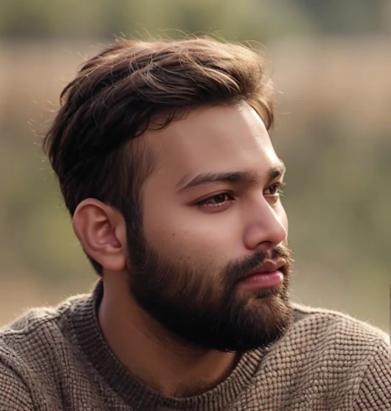 A beautiful young bearded man with highly detailed skin.black hair.happy emotion
