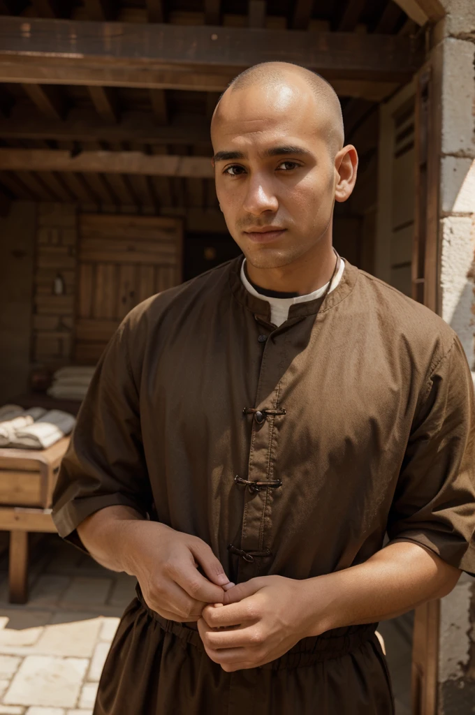 Man with tonsure haircut, wearing brown friar clothes, holding  with short curly hair, 