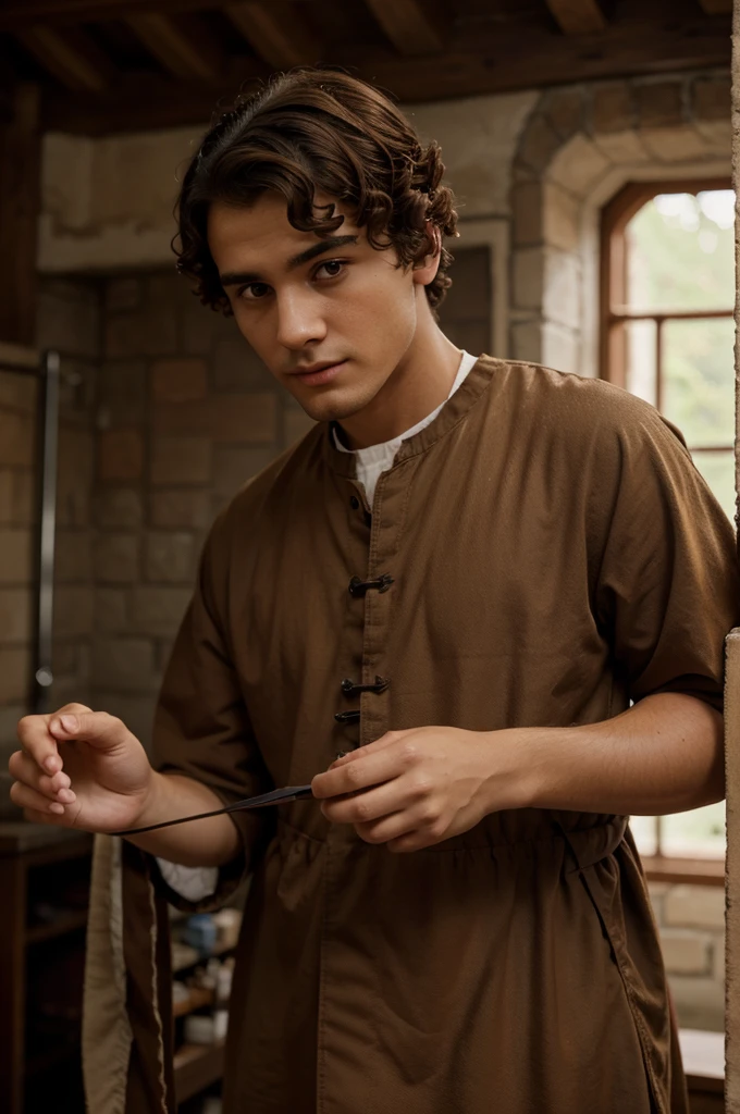 Man with tonsure haircut, wearing brown friar clothes, holding with short curly hair,