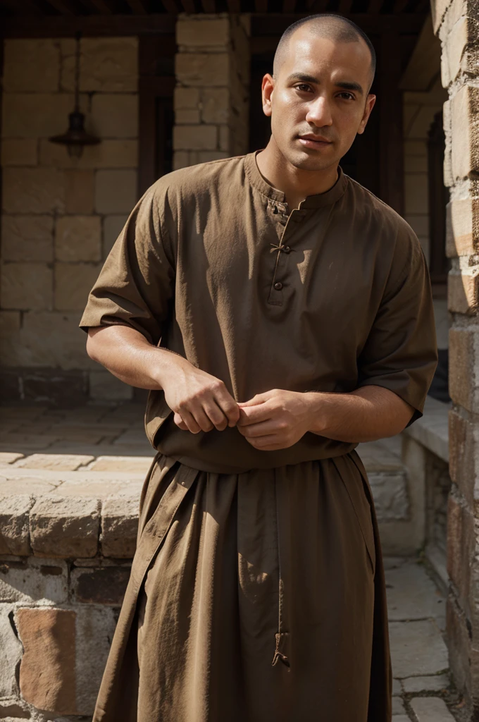 Man with tonsure haircut, wearing brown friar clothes, holding  with short curly hair, 