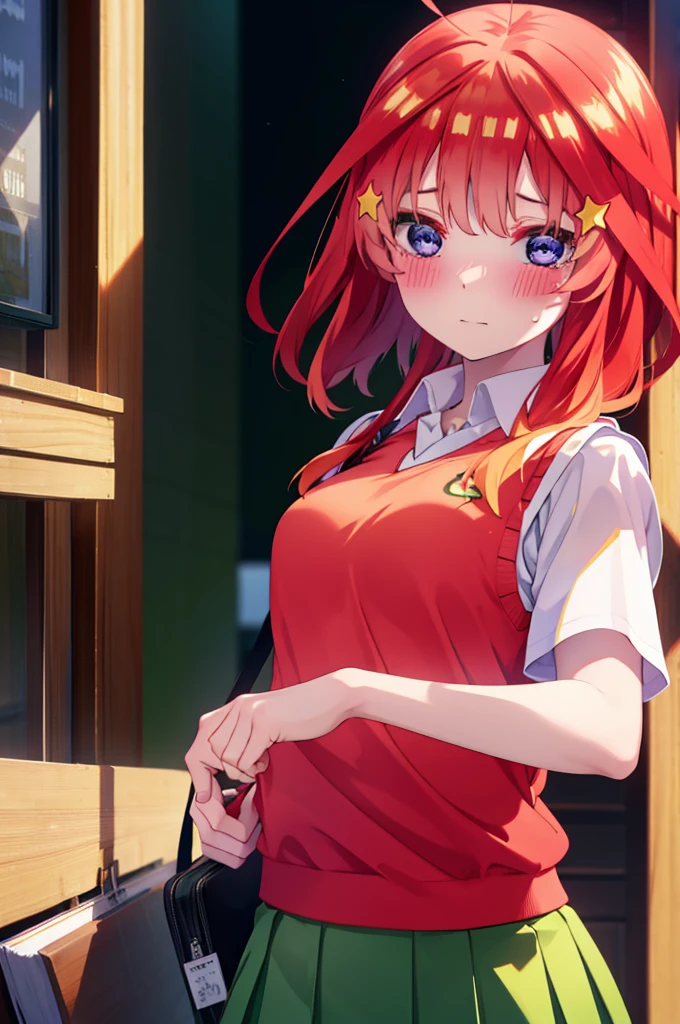 itsukinakano, itsuki nakano, bangs, blue eyes, Hair between the eyes, Ahoge, Redhead, star \(symbol\), hair ornaments, star hair ornaments,Tears of joy,Tears flowing,top of the hill,blush,
break skirt, shirt, , clavicle, white shirt, Short sleeve, Pleated skirt, socks, collared shirt, mini skirt, Knee-high, white socks, (Green Skirt:1.5), Sweater vest, (red Sweater vest:1.5),Black Loafers,Sunset,evening,The sun is setting,
break outdoors, top of the hill,
break looking at viewer, garden,
break (masterpiece:1.2), Highest quality, High resolution, unity 8k wallpaper, (figure:0.8), (Beautiful attention to detail:1.6), Highly detailed face, Perfect lighting, Highly detailed CG, (Perfect hands, Perfect Anatomy),