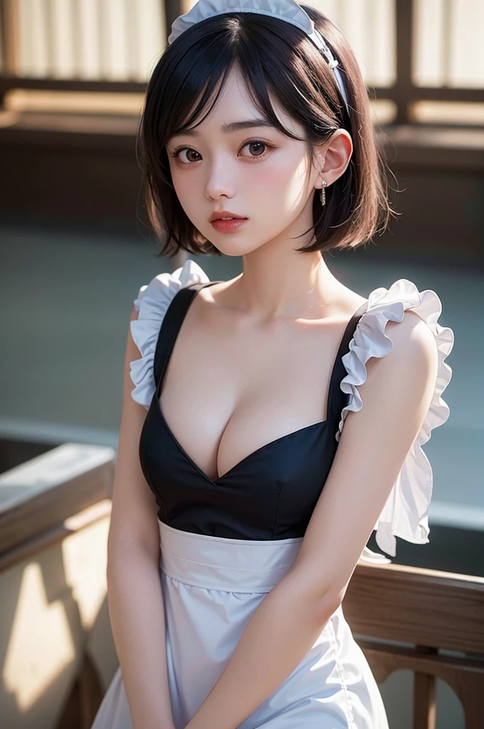 (1 nogizaka girl,15years old face,raw photo,photo realistic:1.5),(best quality, high quality,HDR, highest quality,ultra high resolution,high resolution,high res,ultra high difinition,huge file size,8K,2K wallpaper,8K wallpaper,high quality texture,amazing,an extremely delicate:1.4),one girl, Japanese famous idol,cute face,small face,absurd,ridiculous,incredibly ridiculous,blurry background,(maid costume,short hair,cleavage,no makeup:1.2),medium skin,beautiful skin,detailed skin,black hair,silky hair,black eyes,Japanese nose,5-fingers,(Light Particles, Lens Flare, Luminous Particles: 0.7),looking at viewer,bright lighting,professional lighting,girl