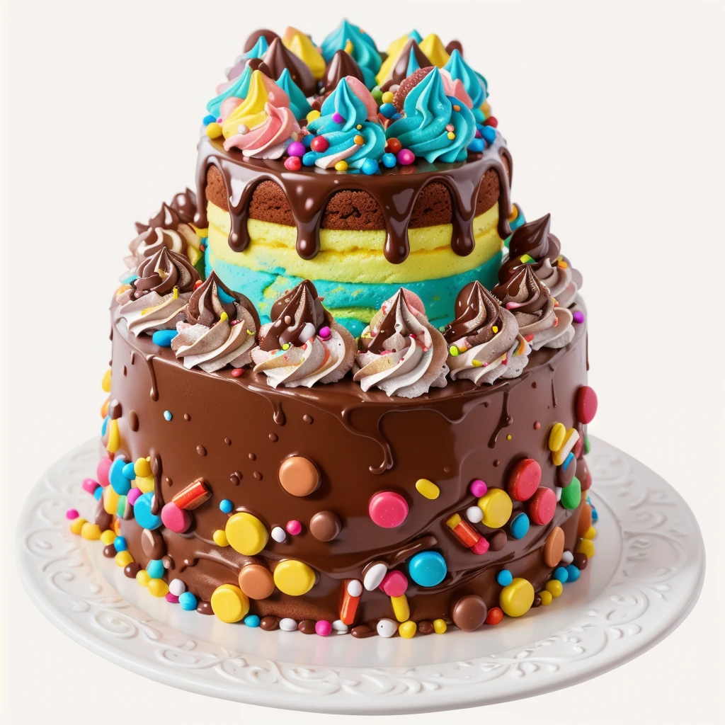 on the white background, on a porcelain plate, a chocolate two-layer cream cake, decorated with sprinkles on the bottom, chocolate cream swirls on the first layer, the second cream layer multi-colored, chocolate ganache on the second layer, multi-colored swirls with sprinkles on top, realistic texture, realistic style, detailed texture, high quality, high resolution, high quality rendering, realistic photo, brightning light, macro photo, ultra hd 4k
