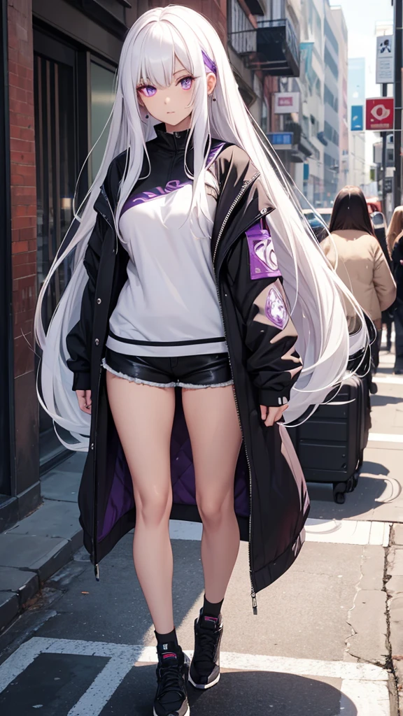 She has a long white hair.She has purple eyes, and she has an oval face, which is beautiful .She has a nice body with soft skin, which is very attractive street wear.