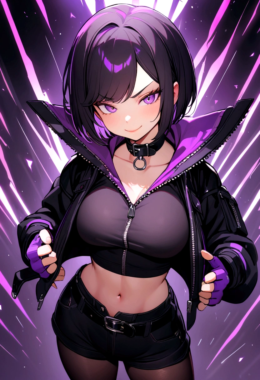 8k, high res, ultrasharp, masterpiece, 1girl, bob hair cut, tomboy, purple eyes, short hair, black with purple highlight hair, swept bang, partially unzipped short black jeans shorts, baggy jacket with straps, black jacket, confident, strong, black hair, black crop top with zipper, black belt collar, fingerless gloves, pantyhose, breast, cool, smug