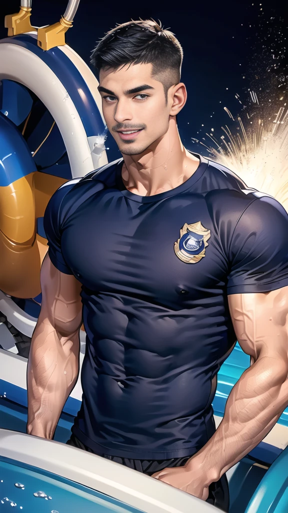 (handsome Man),(Thin mustache:1.1),(crew cut short hair:1.5),black eye,
(navy blue tight-fitting round neck short sleeve T-shirt:1.3),(Police badge:1.3),navy blue cargo pants,(navy_gloves:1,3),
Korean guy,chest muscles,large arm muscles,blood vessel,Big muscles,Broad shoulders,(open mouth:1.2),(face up:1.2),(open eyes:1.5),middle of the road,smile,(water park:1.4),