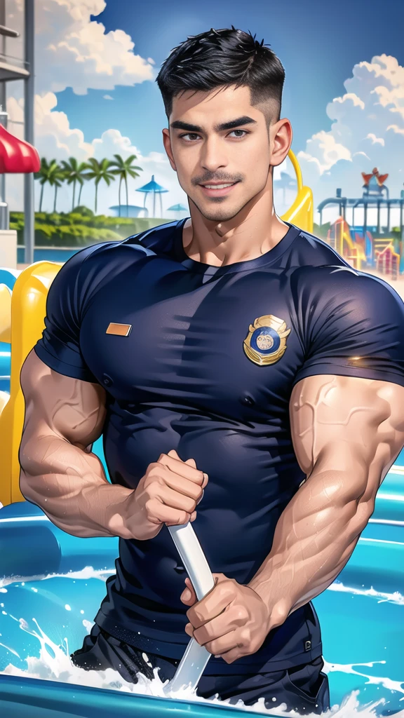 (handsome Man),(Thin mustache:1.1),(crew cut short hair:1.5),black eye,
(navy blue tight-fitting round neck short sleeve T-shirt:1.3),(Police badge:1.3),navy blue cargo pants,(navy_gloves:1,3),
Korean guy,chest muscles,large arm muscles,blood vessel,Big muscles,Broad shoulders,(open mouth:1.2),(face up:1.2),(open eyes:1.5),middle of the road,smile,(water park:1.4),