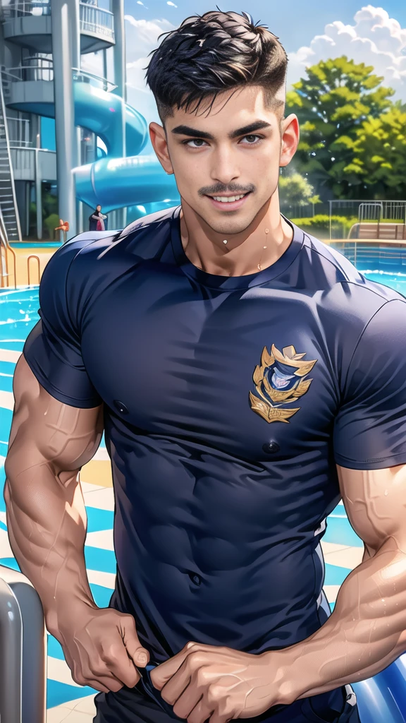 (handsome Man),(Thin mustache:1.1),(crew cut short hair:1.5),black eye,
(navy blue tight-fitting round neck short sleeve T-shirt:1.3),(Police badge:1.3),navy blue cargo pants,(navy_gloves:1,3),
Korean guy,chest muscles,large arm muscles,blood vessel,Big muscles,Broad shoulders,(open mouth:1.2),(face up:1.2),(open eyes:1.5),middle of the road,smile,(water park:1.4),
