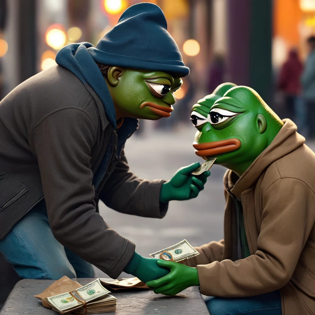 a pepe the frog giving money to a homeless man on the street, highly detailed, 1 frog, 1 homeless man, realistic, photorealistic, 3D, digital art, hyperrealistic, intricate details, dynamic pose, street background, warm lighting, vibrant colors, cinematic composition, dramatic lighting, volumetric lighting, depth of field, photographic quality, masterpiece, award-winning