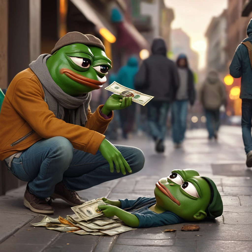a pepe the frog giving money to a homeless man on the street, highly detailed, 1 frog, 1 homeless man, realistic, photorealistic, 3D, digital art, hyperrealistic, intricate details, dynamic pose, street background, warm lighting, vibrant colors, cinematic composition, dramatic lighting, volumetric lighting, depth of field, photographic quality, masterpiece, award-winning